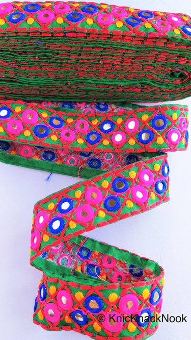 Green Cotton Fabric Mirrored Trim With Embroidery In Fuchsia Pink, Blue, Red & Yellow Threads